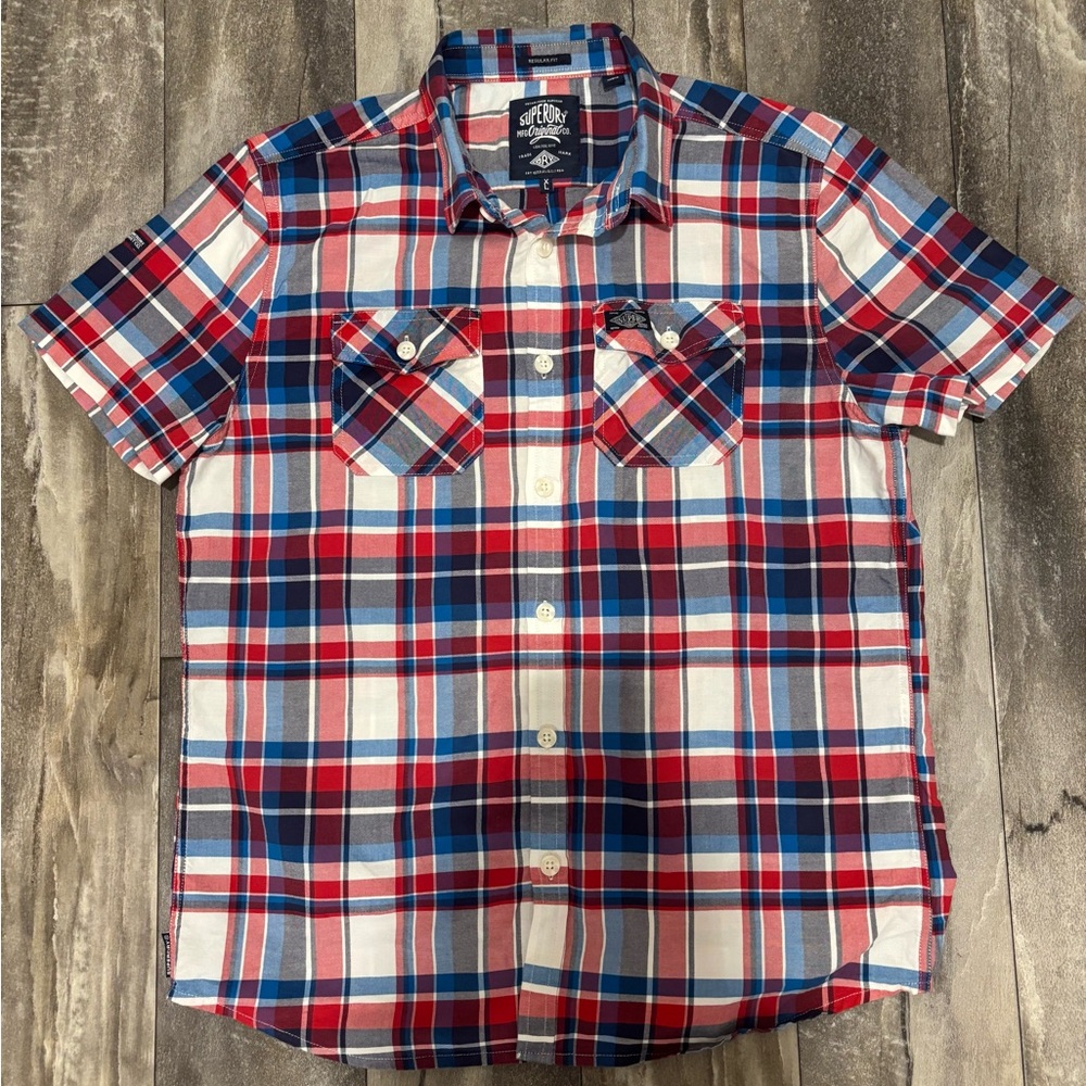 Men’s Superdry Plaid Short Sleeve Button Up Shirt XL